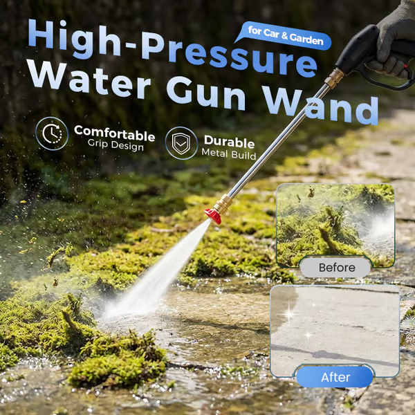 A high-pressure water gun wand being used outdoors to spray mossy ground, with large promotional text reading 'High-Pressure Water Gun Wand' and inset before/after cleaning results. This is not a clean product-only shot because a real outdoor environment and hand are present, so subject_type is Lifestyle.