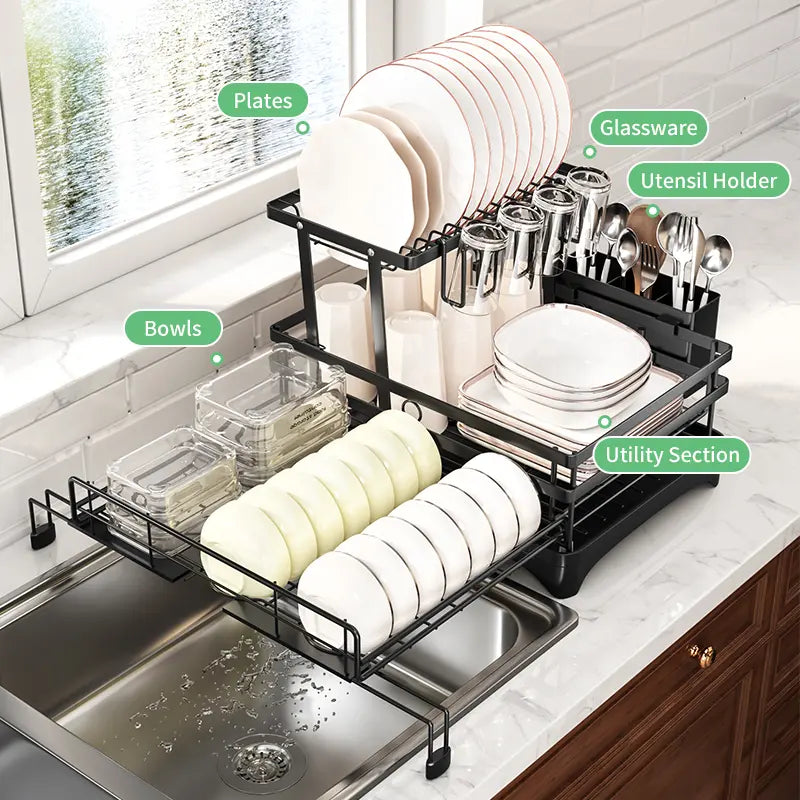 Foldable Over Sink Dish Drying Rack｜Pull-Out 2-Tier Dish Drainer with Utensil Holder｜Space Saving Kitchen Organizer for Small Kitchens