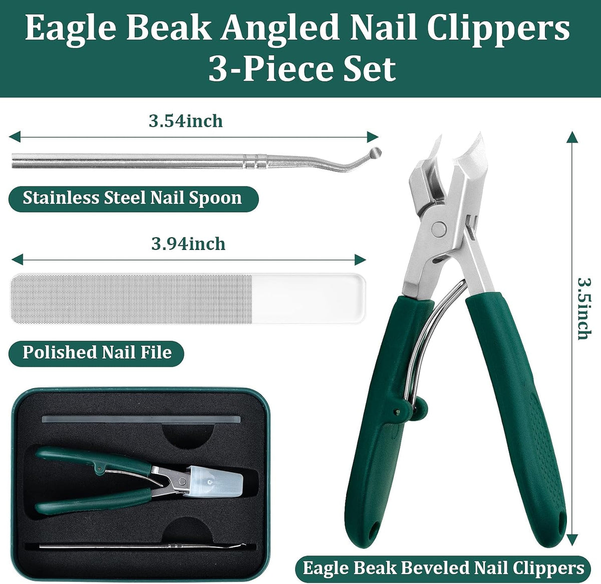 3Pcs Eagle-Beak Ingrown Toenail Clipper  – Ultra Sharp, Precision 30° Curved Blade, Splash-Proof