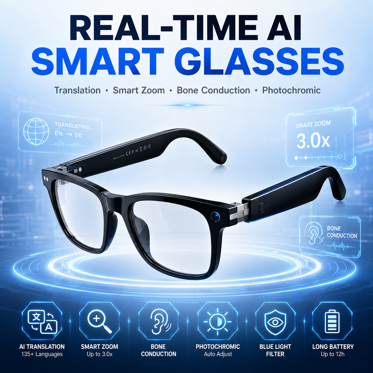 Black smart glasses with blue LED accents and transparent lenses, shown on a blue digital background with text highlighting AI features like translation, smart zoom, bone conduction, and photochromic lenses.