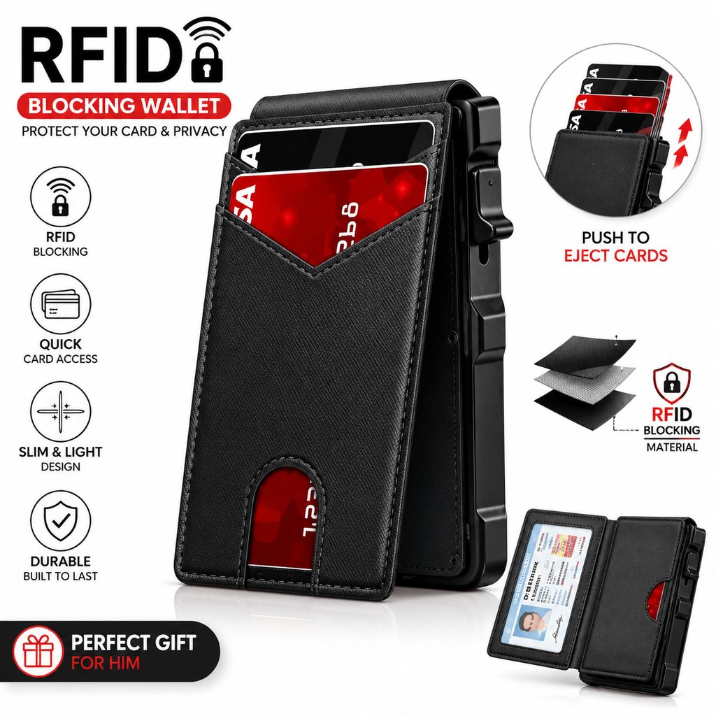 RFID Blocking Minimalist Pop-Up Wallet | One-Second Card Eject Design & Ultra Slim Pocket Wallet