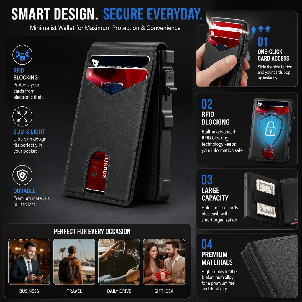 RFID Blocking Minimalist Pop-Up Wallet | One-Second Card Eject Design & Ultra Slim Pocket Wallet