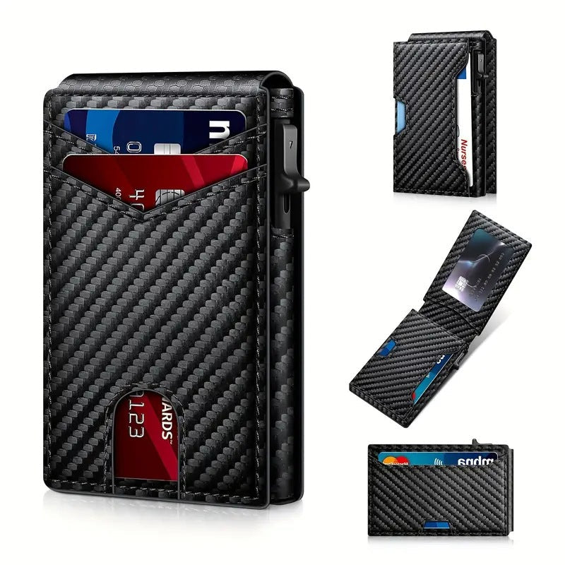 Wallet for Men- Pop Up Case, Cash Slot, and Credit Card Slot - Aluminum Wallet with RFID Blocking, Minimalist Leather Wallet Front Pocket with ID Window